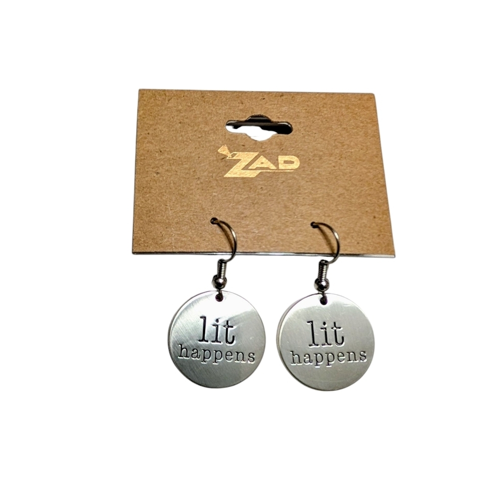 ZAD Silver‎ Engraved "Lit Happens" Fun Earrings
